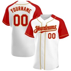 Custom White Red-Old Gold Authentic Raglan Sleeves Baseball Jersey