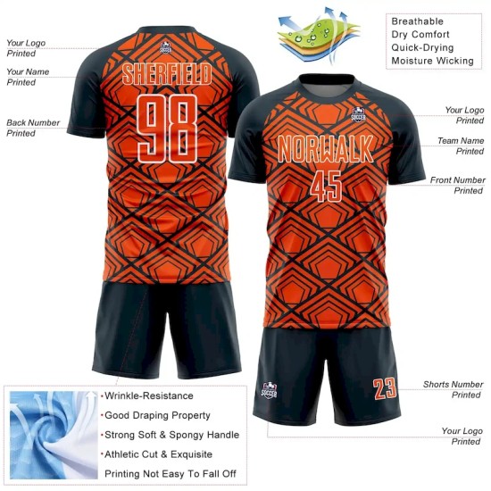 Custom Orange Navy-White Geometric Pattern Sublimation Soccer Uniform Jersey Custom Orange Navy-White Geometric Pattern Sublimation Soccer Uniform Jersey