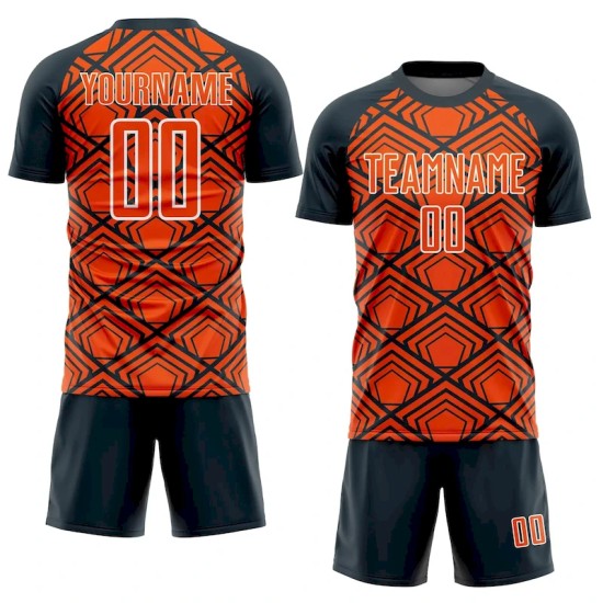 Custom Orange Navy-White Geometric Pattern Sublimation Soccer Uniform Jersey Custom Orange Navy-White Geometric Pattern Sublimation Soccer Uniform Jersey