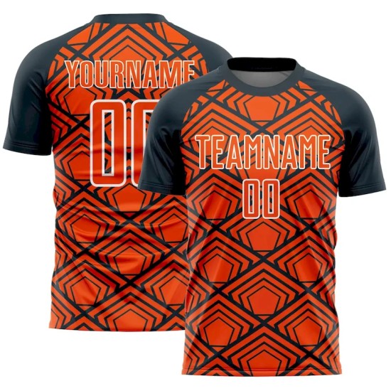Custom Orange Navy-White Geometric Pattern Sublimation Soccer Uniform Jersey Custom Orange Navy-White Geometric Pattern Sublimation Soccer Uniform Jersey