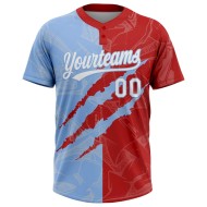 Custom Graffiti Pattern White Red-Light Blue 3D Scratch Two-Button Unisex Softball Jersey Custom Graffiti Pattern White Red-Light Blue 3D Scratch Two-Button Unisex Softball Jersey